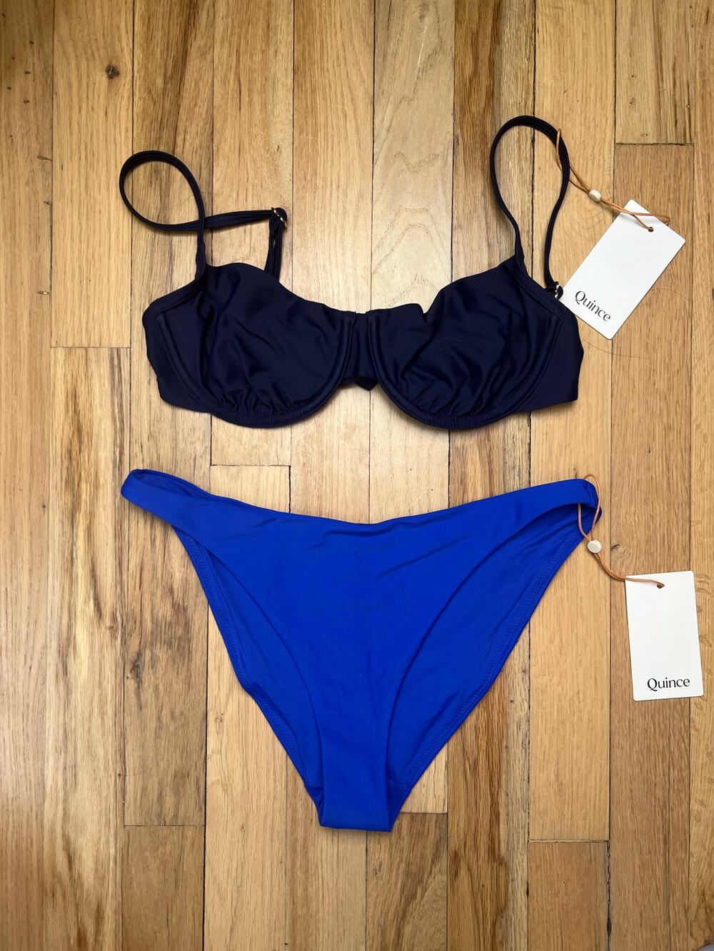 NEW Quince Two Blue Tones Bikini Set Swimsuit Underwire Top Sz S Bottoms XS